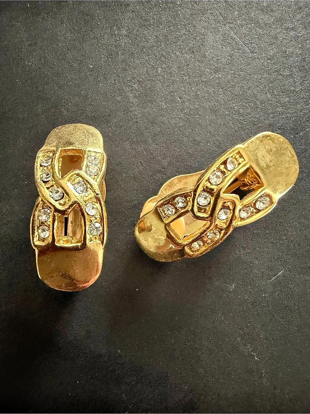 Vintage Gold Tone Rhinestone Clip On Earrings Geometric Art Deco Style